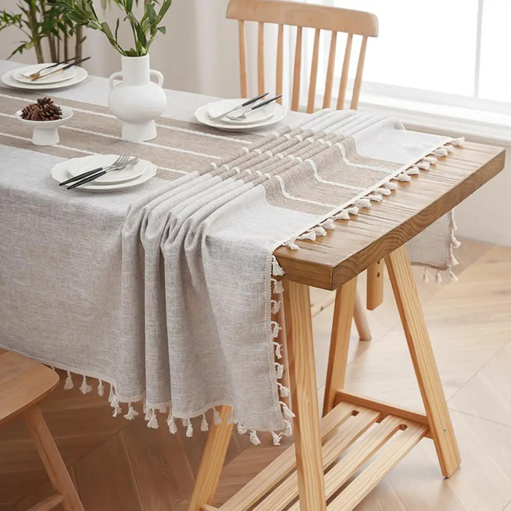 Cotton Linen Rectangular Tablecloth with Waterproof Treatment Embroidered Accents and Soft Fringed Edge for Everyday Dining Use
