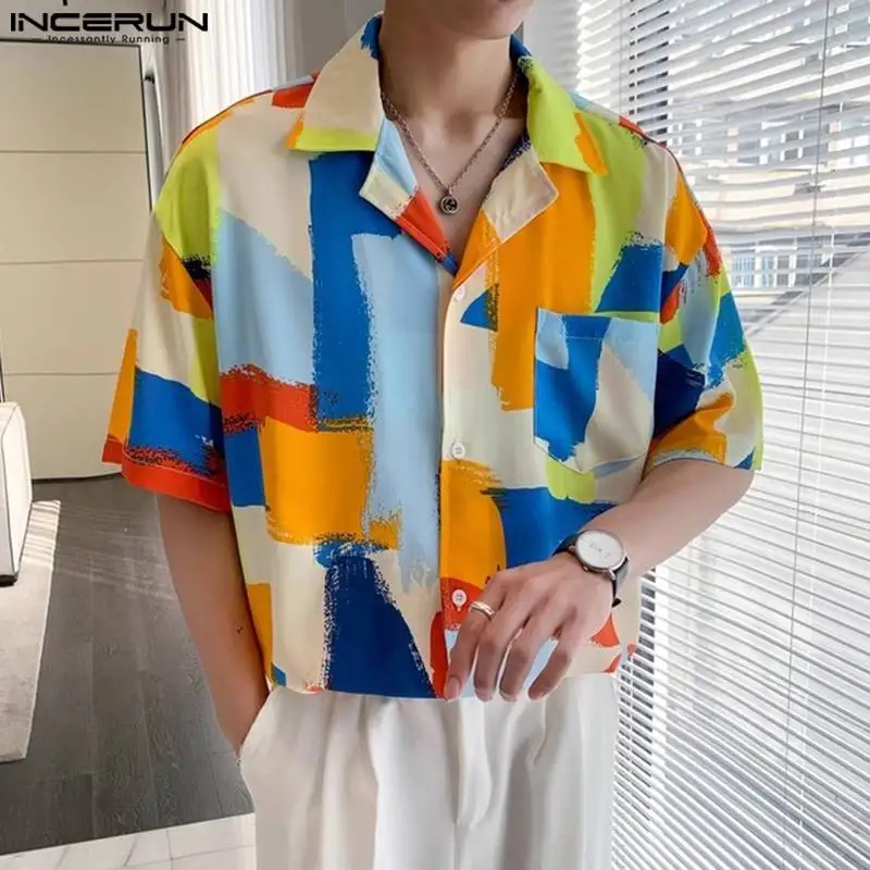 

INCERUN Tops 2024 Korean Style Men's Colorful Square Contrast Printed Shirts Fashion Streetwear Funny Short Sleeved Blouse S-5XL