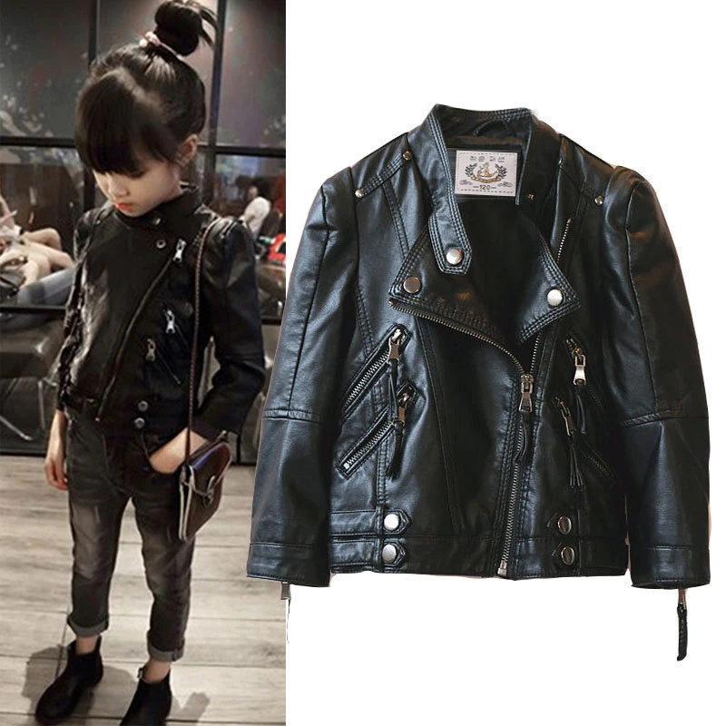 Luxury Kids Children Spring Autumn Leather Jacket for Tweens Girls Casual PU Coat Black Red Pink Color Leather Clothing 2-14 Y