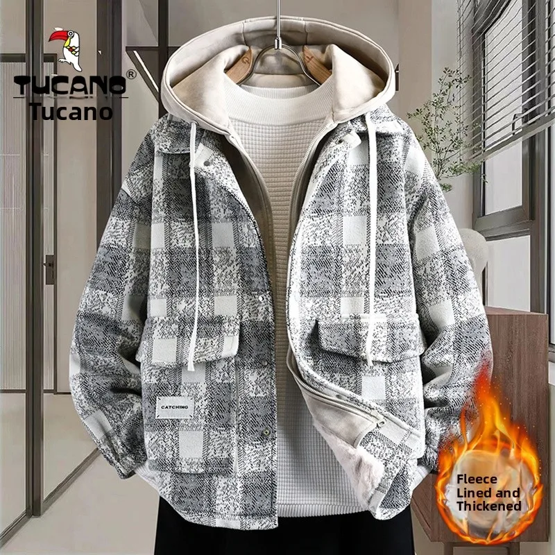 

TUCANO Winter Youth Hooded Jaet Men's Thiened Fce Casual Loose Faion Outerwear Polyester Nylon Long Sve Zipper