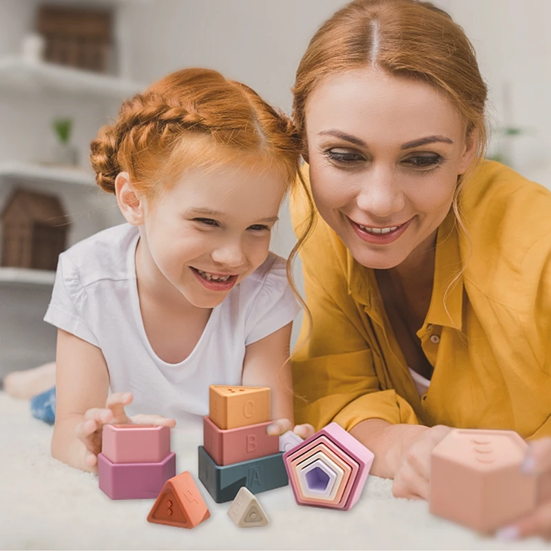 Çocuk istifleme sekizgen üçgen 3D blokları için Montessori silikon oyuncak inşaat blokları bebek için geometrik desenler yığını oyuncak