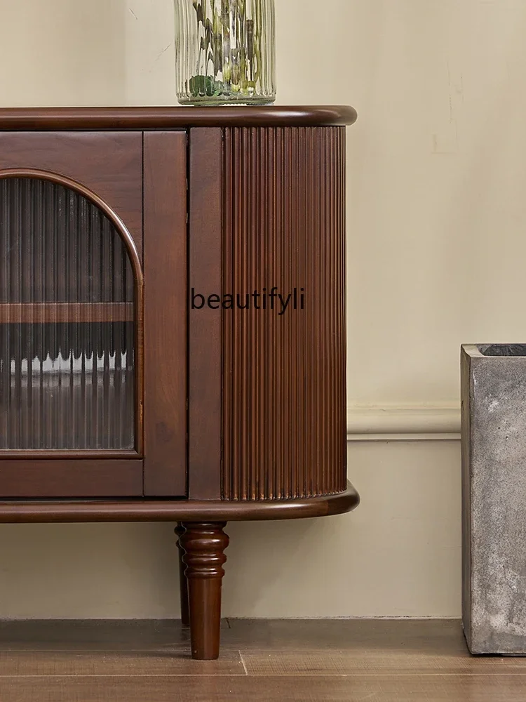 American Style French Style Retro Solid Wood TV Cabinet Modern Minimalist Cream Style Glass Locker Living Room Floor Cabine