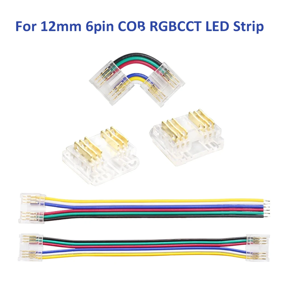 6Pin 12MM COB LED Connector Solderless Quick Wire Connectors Welding-Free for 12mm PCB RGBCCT COB LED Strip Light FCOB LED Tape