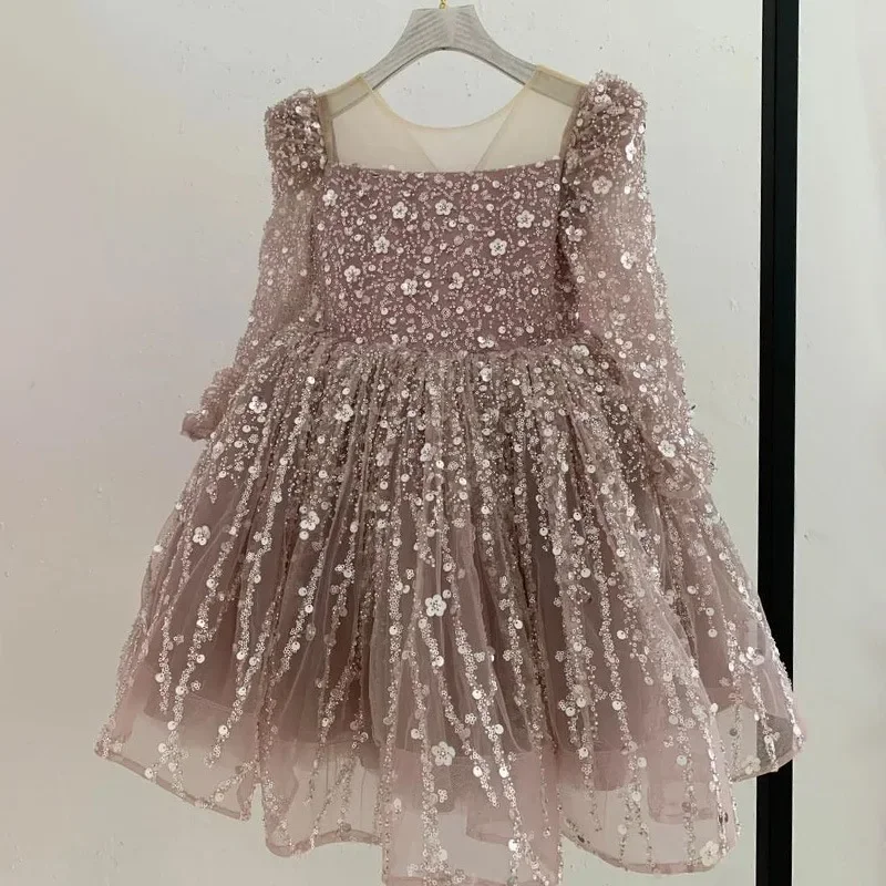 Vestido de manga larga para niña, vestido esponjoso de lentejuelas brillantes para bebé, vestido de princesa de cumpleaños, moda cómoda para niños, 2024