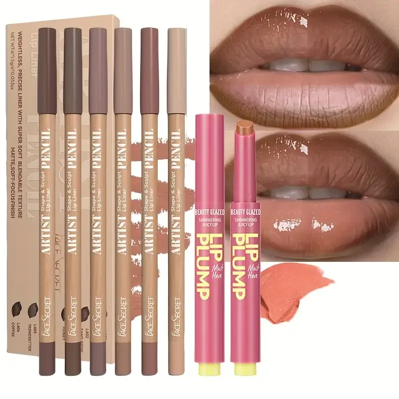 6pcs Dark Brown Lip Liner with 1pc Lip Oil Lipstick Set, Moisturizing Solid Lip Gloss Jelly Lipstick,Makeup Gift Set for Women