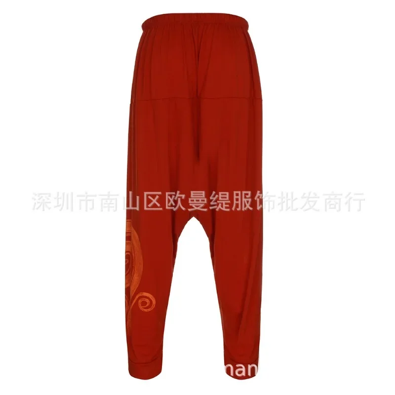 Men Fashion Cross-Pants Casual Baggy Pants Hippie Hip-hop Yoga Vintage Print Elastic Waist Large Size Summer Trouser Streetwear
