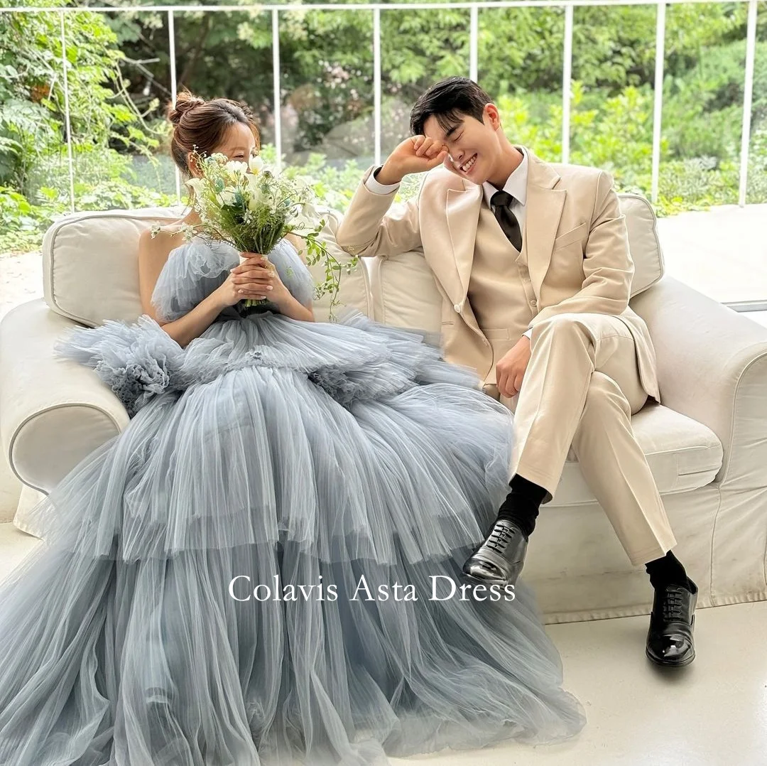 Colavis Asta Photograph Prom Dress Wedding Evening Dresses Customized Tulle Blue Off Shoulder Layered Party Dress Evening Gowns