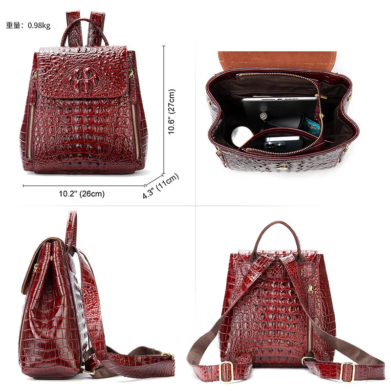 Aligator Pattern Genuine Leather Backpack Ladies Vintage Real Cowhide Shoulder Bag Crocodile Women Leather Backpacks