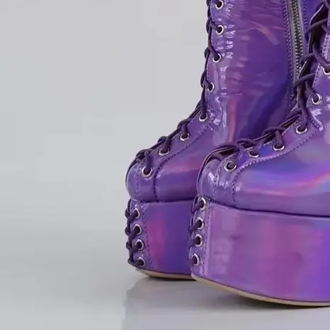 

Purple Fantasy Platform Thick Heel Boots Cross Strap Lace-Up Side Zipper Fashion Knee-High Boots 2025 New Loog Boots Size 44