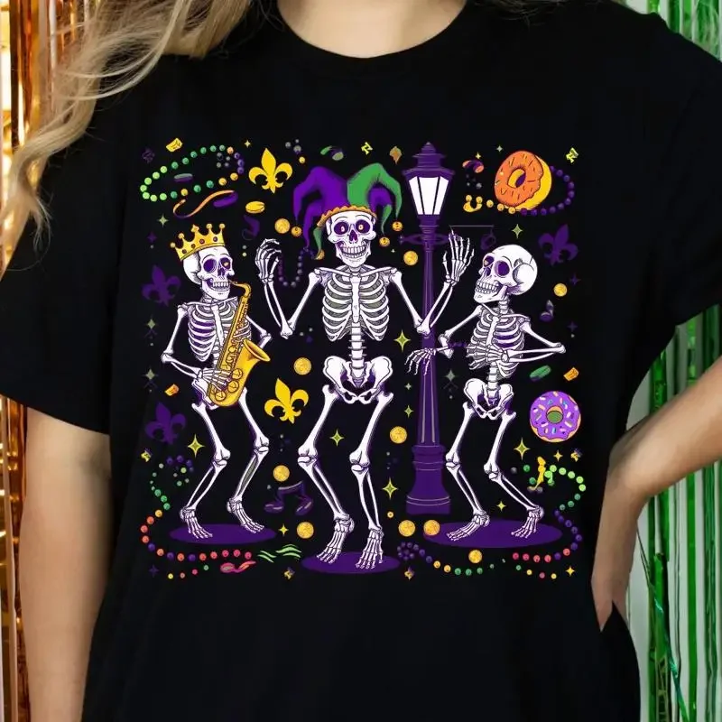 Mardi Gras T Shirt Plus Size Fat Tuesday Dancing Skeleton Louisiana Party Carnaval