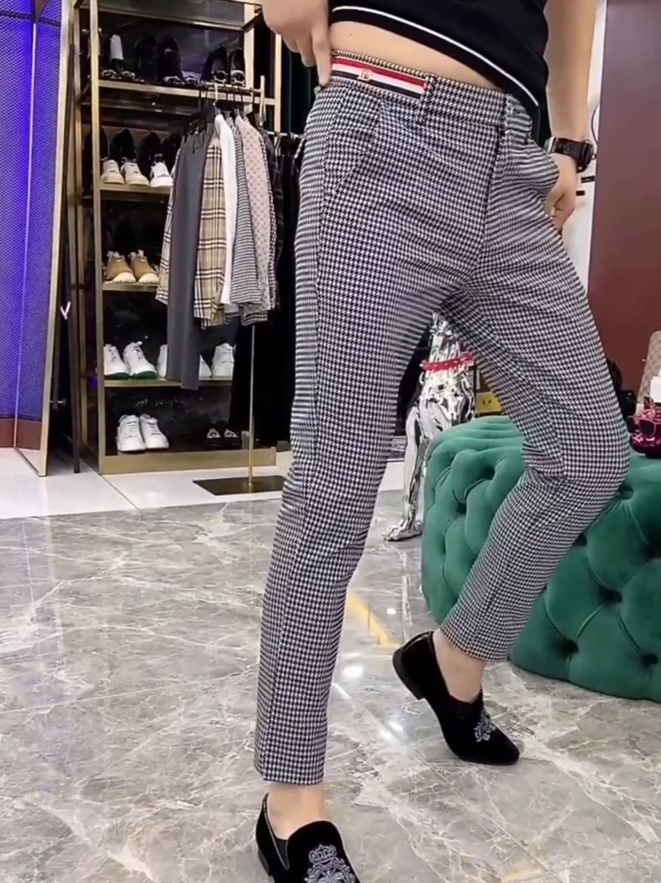 

Мужские повседневные брюки Slim Fit, весна-осень, новая модная коллекция, твидовый узор, корейский стиль, универсальные длинные брюки, молодежные, элегантные.