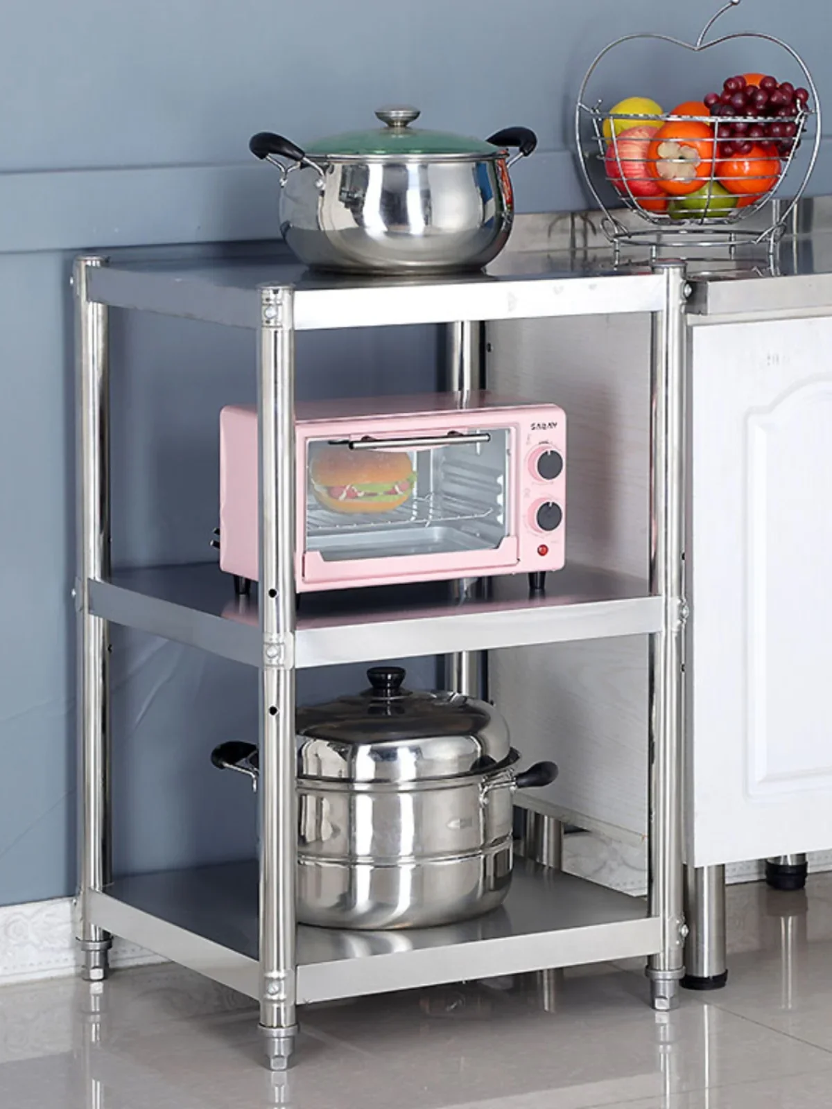 #Stainless steel kitchen shelves, household floor-to-ceiling, three-tier storage pot racks, microwave racks, oven racks