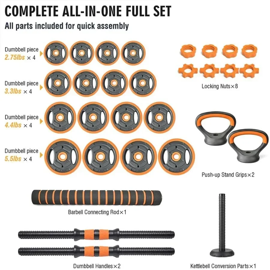 66 LB Adjustable Dumbbell Set, 4-in-1 Free Weights Set with Dumbbells, Barbell, Kettlebells Push-Up Stands, Adjustable Weight P