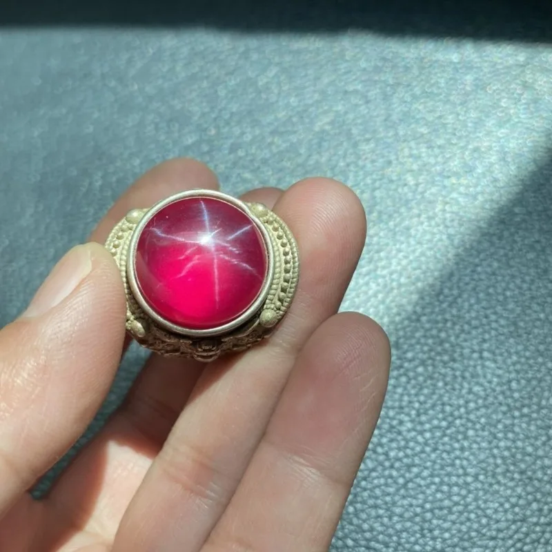 Vintage Sterling Silver Cloisonné Ring, Inlaid Red Star Gemstone, Adjustable Open Band, Antique Collection Jewelry