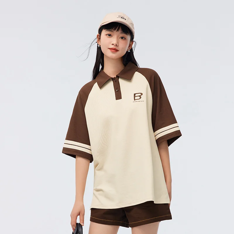 Semir Polo Shirt Women Mid-Length Loose Lazy 2023 Summer New American Retro Colour Collision Shoulder Sleeve Clothes