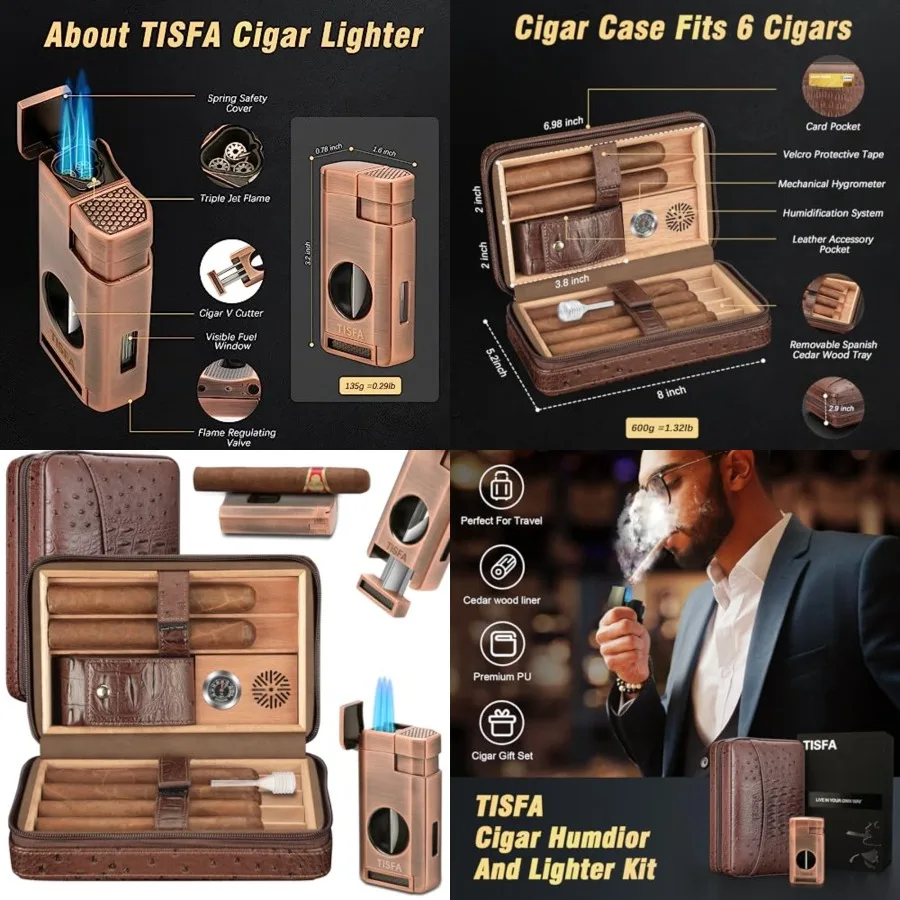 

Cigar Case, Leather Cigar Humidor with Cigar Lighter, V Cut Cigar Cutter, Cigar Holder 3 in 1, Portable Cedar Wood Cigar Box wi