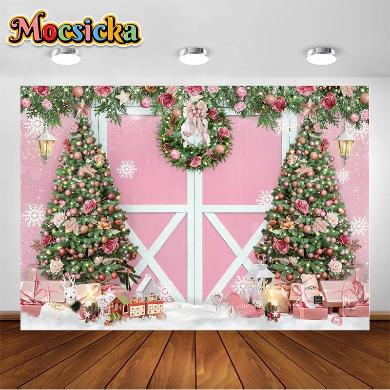 

Winter Christmas Pink Barn Door Photography Backdrop Xmas Tree Snow Gift Wall Floor Party Photo Background Girls Birthday Decor