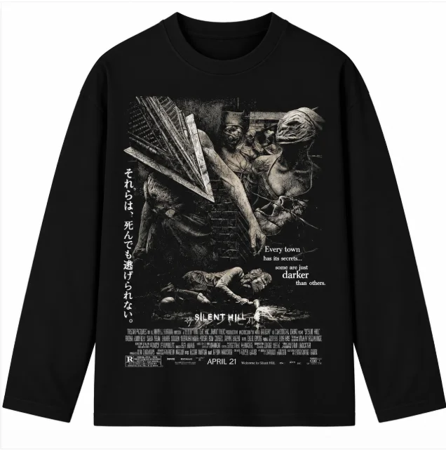 Retro Silent Hill Horror Game Graphic Long Sleeve Tee Gothic Streetwear Casual Black Loose Long‑Sleeve T‑Shirt For Unisex Adult