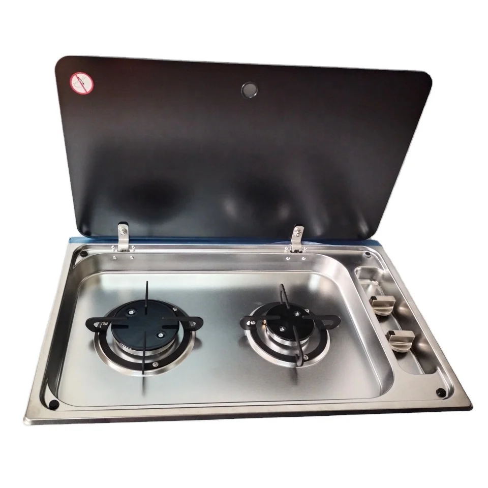 Stainless steel two burner gas stove with safety glass lid for RV camping caravan motorhome