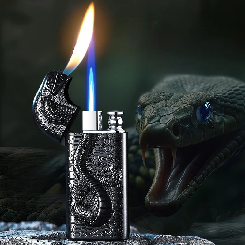 Embossed Snake King Double Flame Gas Lighter, Double Flame Conversion 3D Embossed Men\'s Gadgets