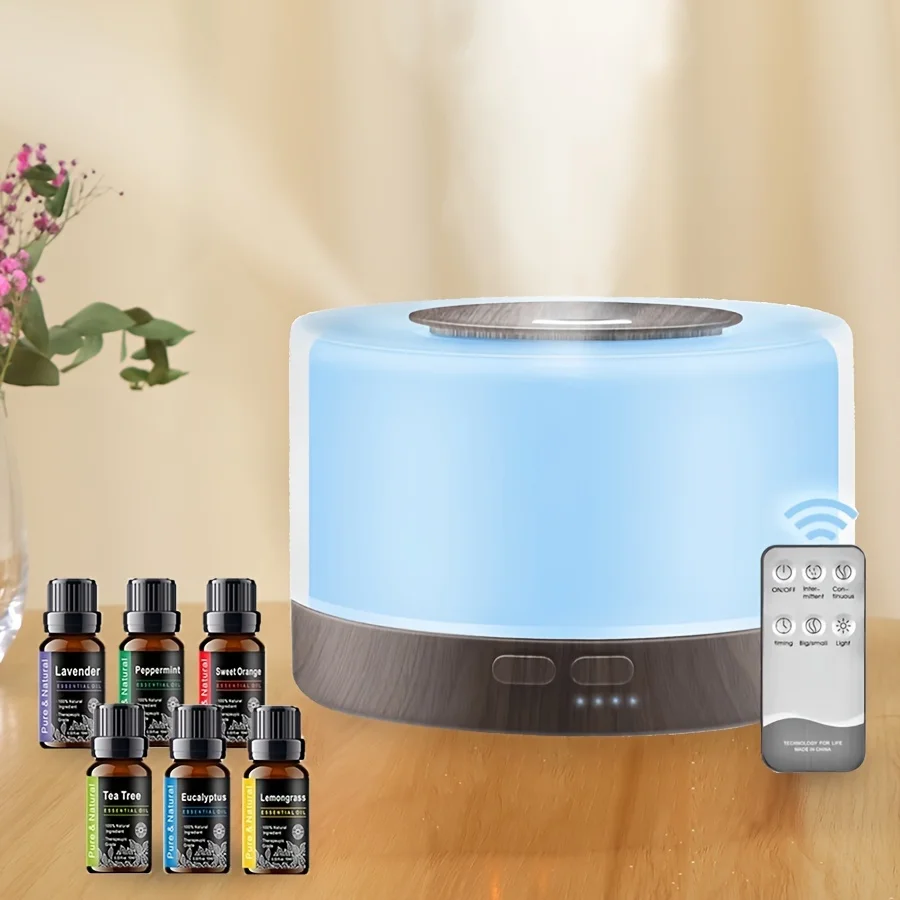 

Ultrasonic Aromatherapy Diffuser 16.91oz with LED Light 6 Essential Oils Remote Control Cool Mist 110V/220V for 21-30m² Coverage