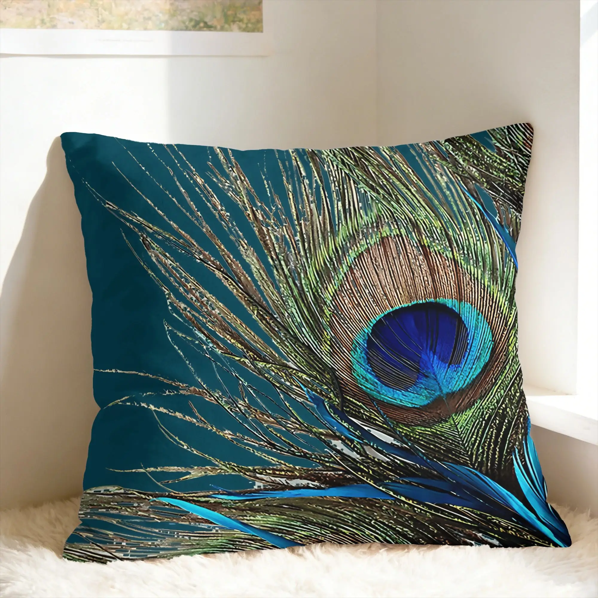 Pillow Cover Peacock Feather Printing  Vintage Pillow Case For Living Room Chair Pillowcases