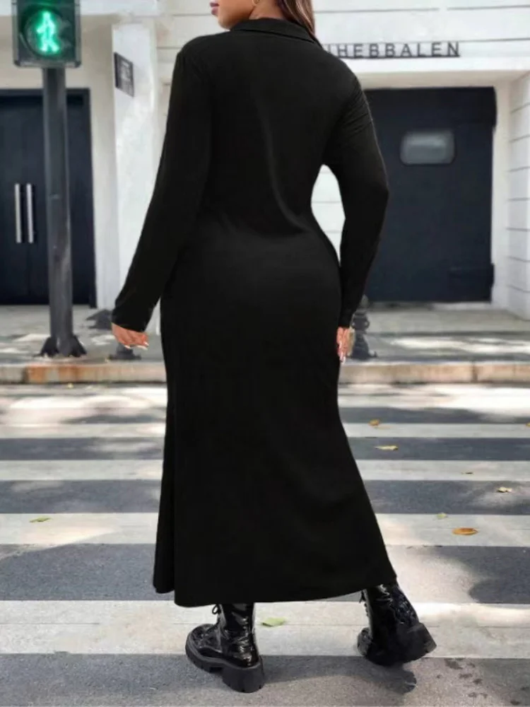 GIBSIE Plus Size 2024 Autumn New Lapel Collar Long Sleeve Black Dress Women Single Breasted Casual Bodycon Maxi Dresses