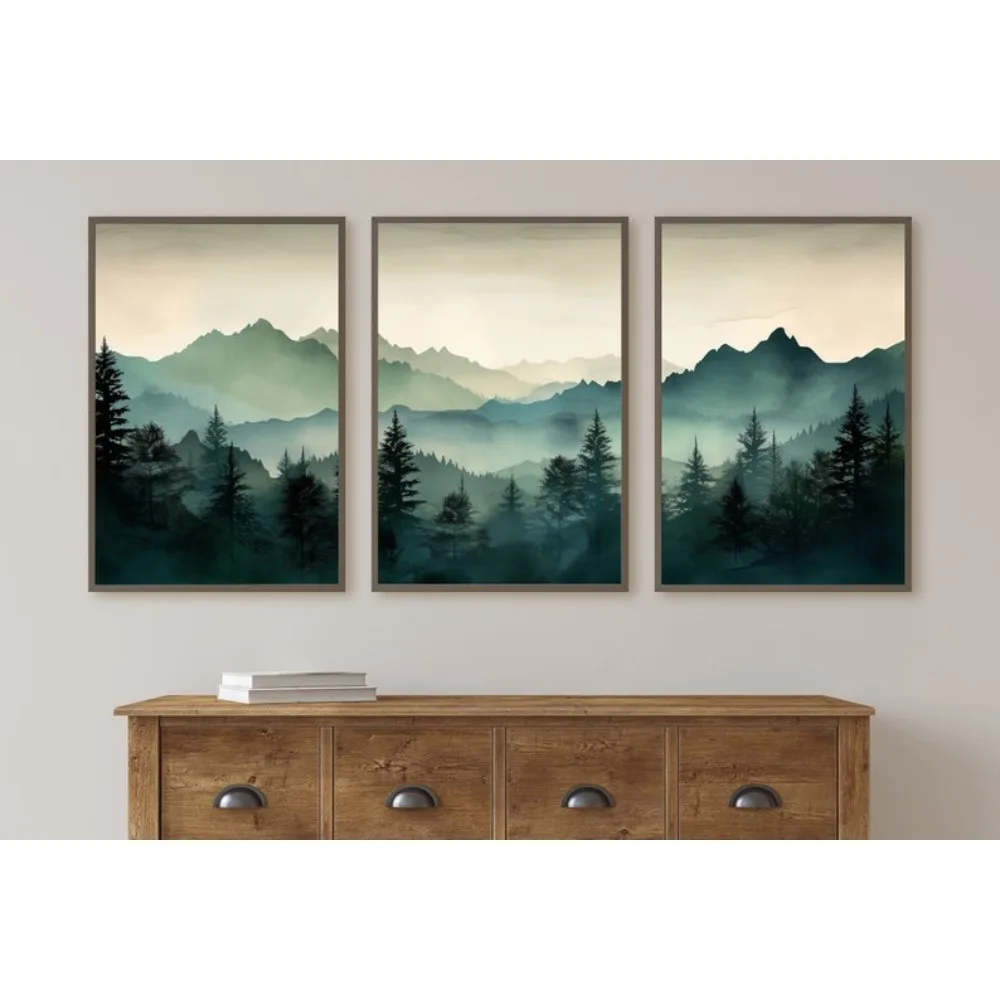 3 piezas de arte de Gable verde salvia sin marco, paisaje de montaña de acuarela, naturaleza abstracta imprimible, decoración minimalista moderna, bosque de pino