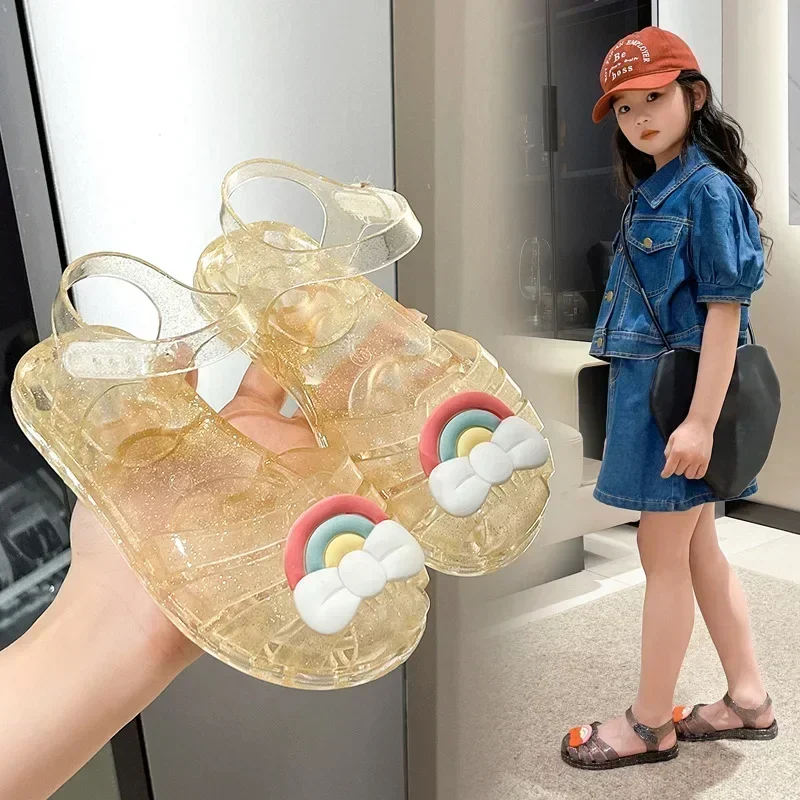 Girls Sandals Summer New Rainbow Bow Kdis Cute Jelly Shoes Fashion Princess Shoes Beach Girls\' Shoes Infant Girl‘s Sandal