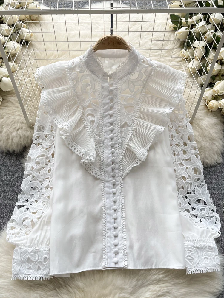 2024 Spring Summer Lace Long lantern sleeve shirt Women Fashion Patchwork hollow out bouse Solid tops Loose Vintage INKEO 3T209