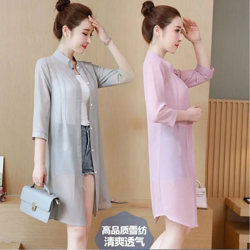 Sunscreen Clothes for Women Mid-length Beach Summer New Chiffon Cardigan Shawl Air Conditioning Shirt Thin Jacket