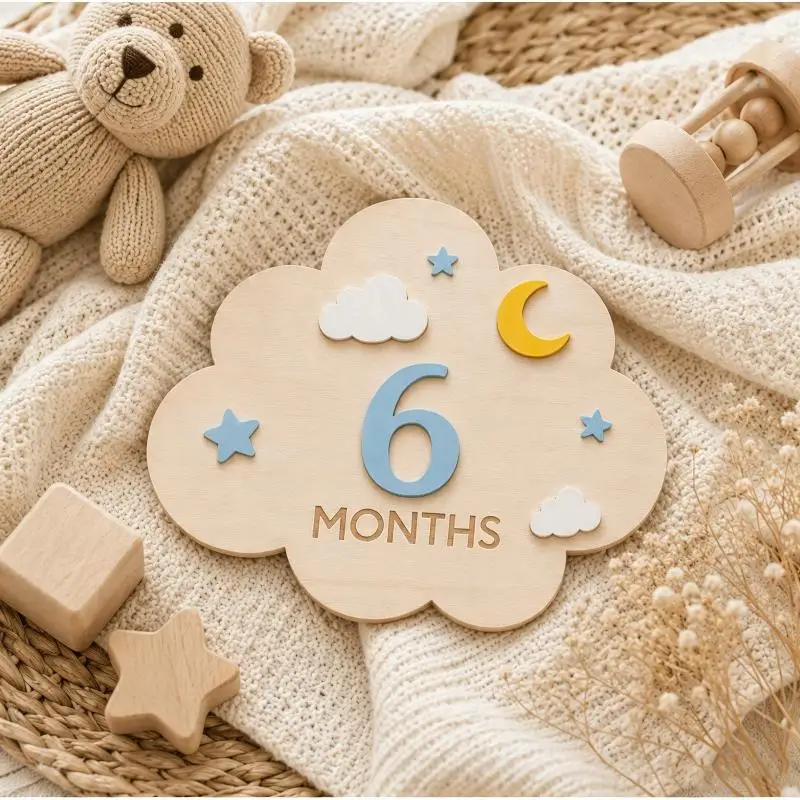 1Set Natural Wooden Baby Monthly Milestone Marker Set Cloud Shape Number Pieces For Newborn Photos Growth Record-New