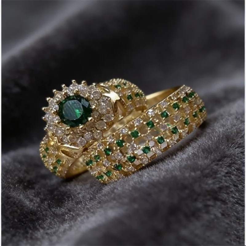 Exquisite Gold Color Hip Hop Rings for Women Fashion Inlaid Zircon Green Stones Wedding Rings Set Bridal Engagement Jewelry