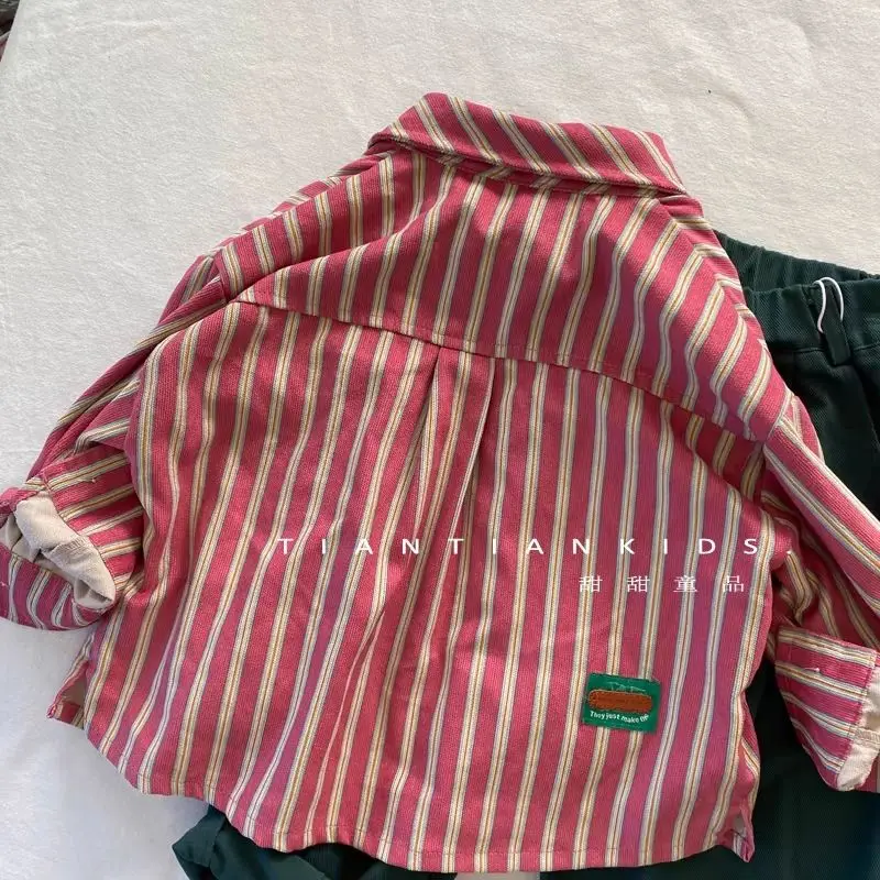 Kids Long Sleeve Jacket Spring Kids 2026 New Casual Versatile Shirt Lapel Striped Spring Fall Stylish Top