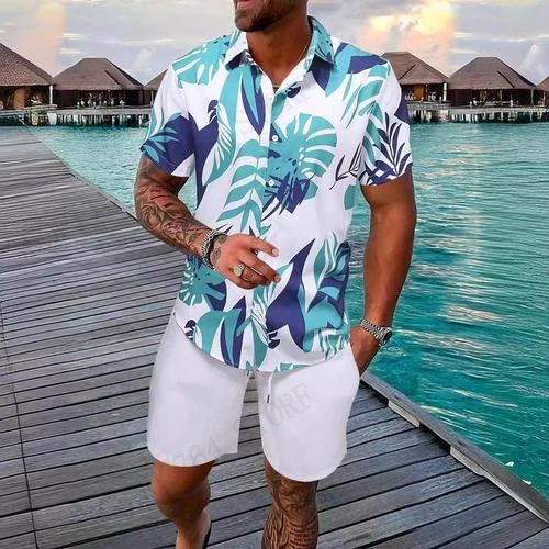 

Мужской пляжный костюм с 3D-принтом «Тропические цветы»: рубашка и шорты больших размеров, 2 предмета, модный комплект для отпуска