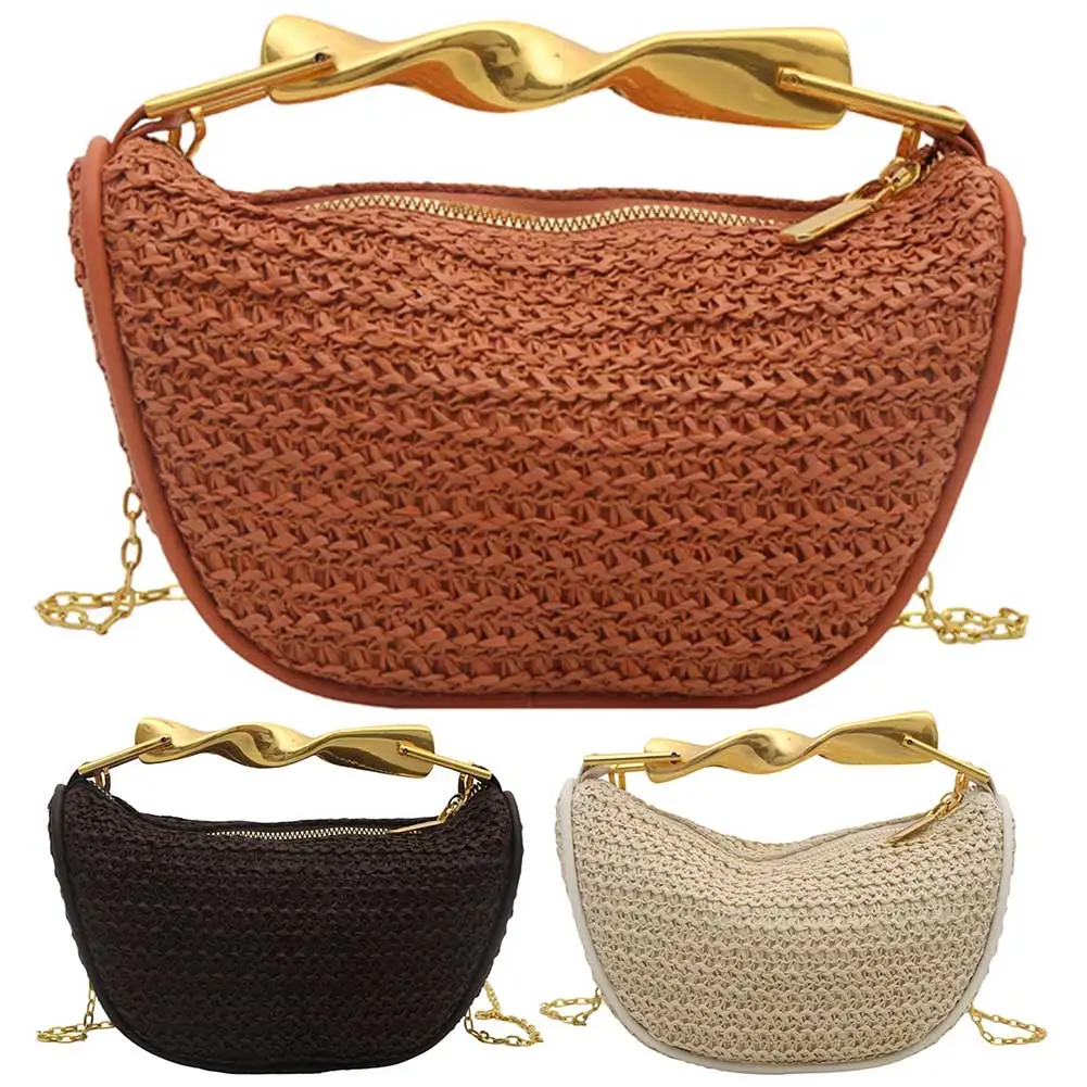 

Women Elegant Knitting Sling Bag with Metal Handle Straw Crossbody Bag Summer Beach Shoulder Bag Seaside Straw Handbag