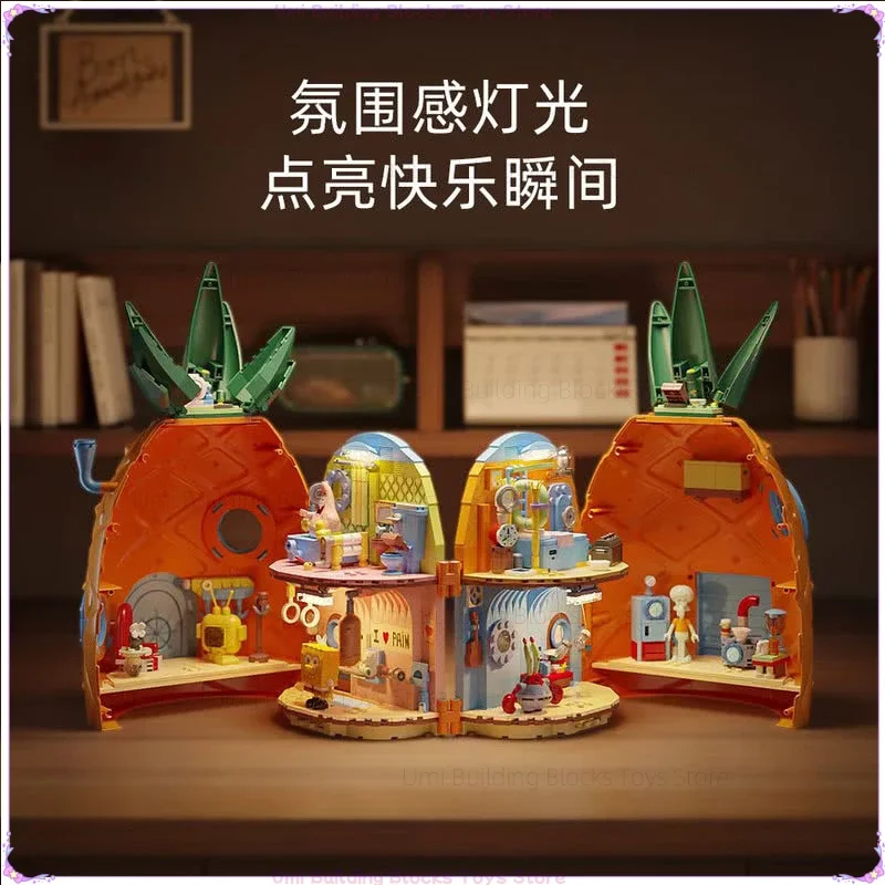 New SpongeBob Pineapple House Assembled Building Blocks Folding Toy Model Desktop Decoration Children's Holiday Gifts