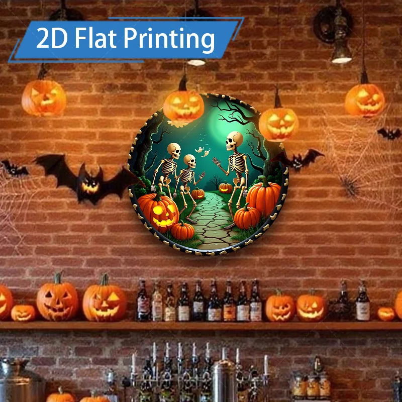 1 قطعة علامة معدنية ، 4x16 بوصة الهياكل العظمية للهالوين اليقطين التصحيح 2D الطباعة المسطحة المعادن جدار ديكور فني #1