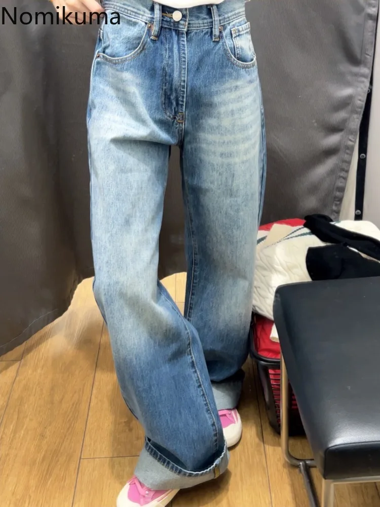 Calça feminina de perna larga vintage, jeans Harajuku, cintura alta, calça jeans reta casual, moda streetwear, Y2K