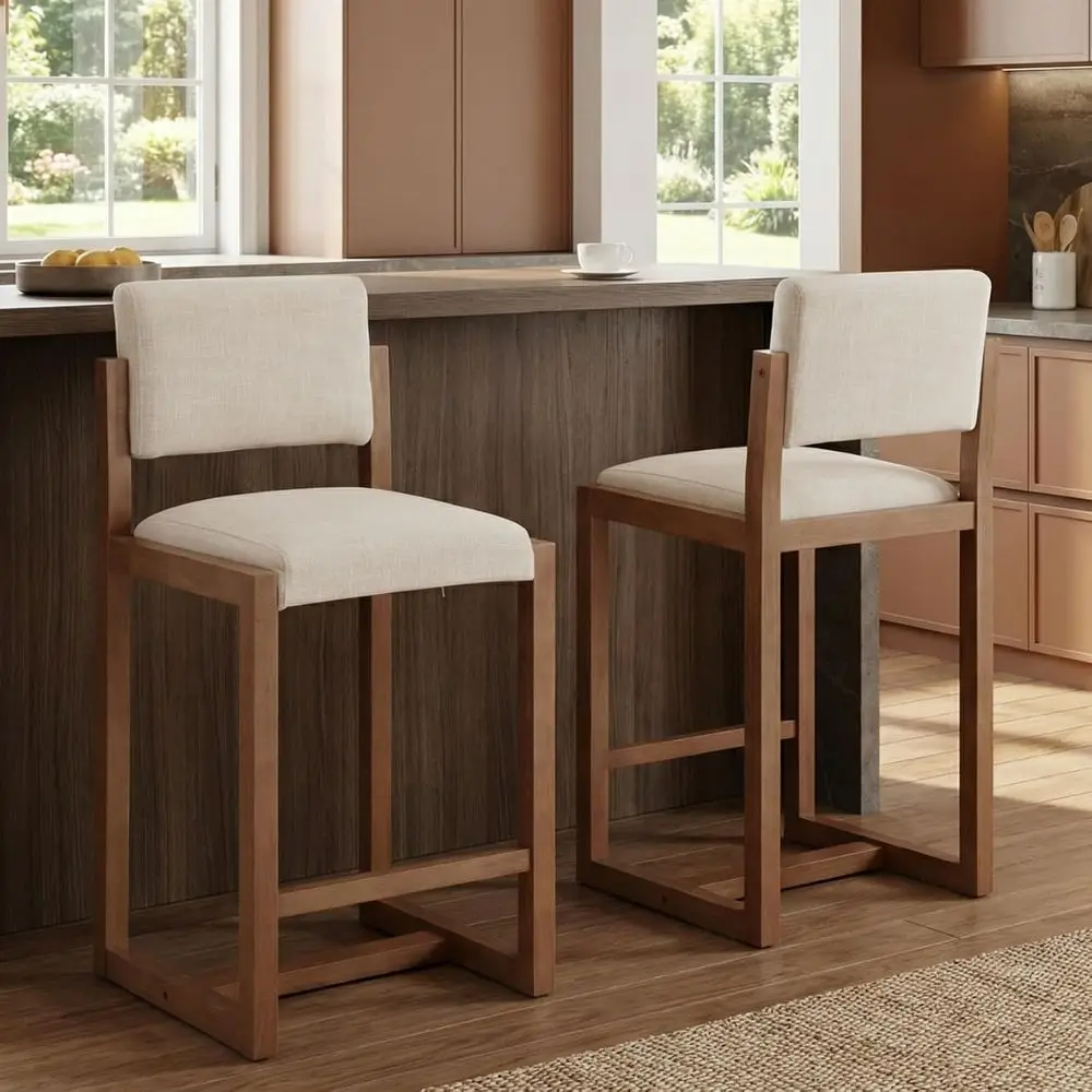 

Set of 2, 26 Counter Height Linen Upholstered Barstools with Wood Legs for Kitchen Island or Home Bar, Beige