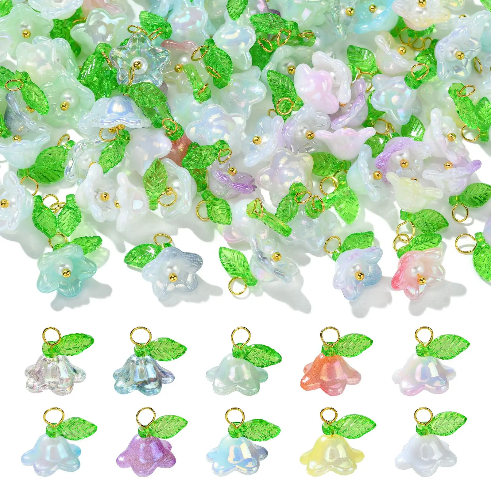 100Pcs Mixed Colors Acrylic Flower Charms Lily of the Valley Charms Bell Floral Pendants for Jewelry Making Bulk DIY Bracelet