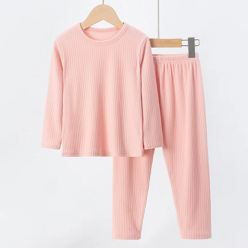 2-Piece Autumn/Winter Children's 5-color Pit Stripe Thermal Underwear Set Boys' Versatile Home Clothes Girls' Sweet Sleepwear