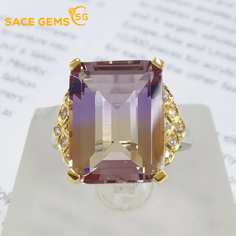 

SACE GEMS Luxury Resizable 100%925 Sterling Silver Sparkling 12*16mm Ametrine Wedding Rings Party Fine Jewelry Gifts Wholesale