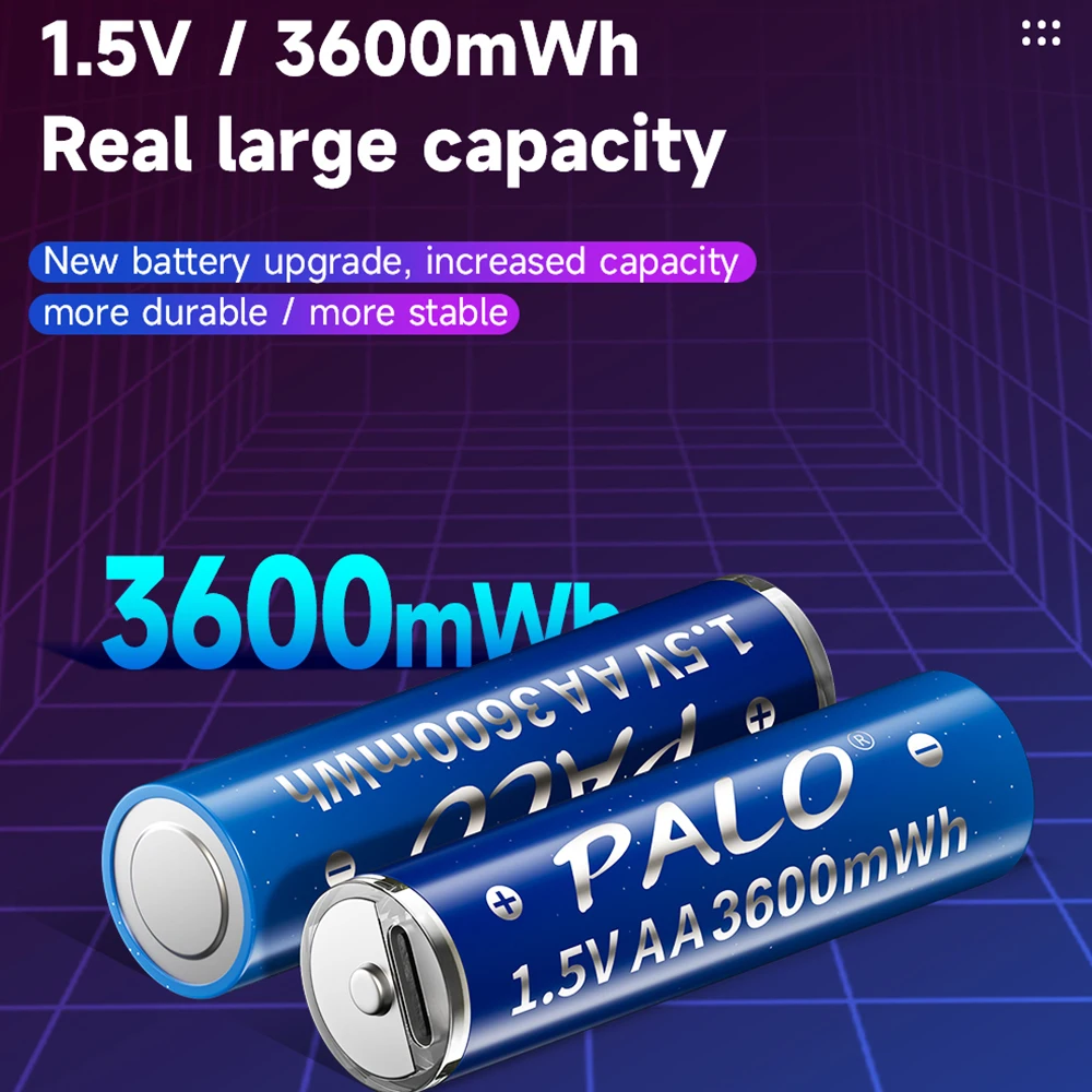 

Литий-ионные аккумуляторы PALO 1.5V AA 3600мВтч, перезаряжаемые Li-Ion батарейки LR6 AA с USB-портом для игрушек, клавиатур, пультов ДУ