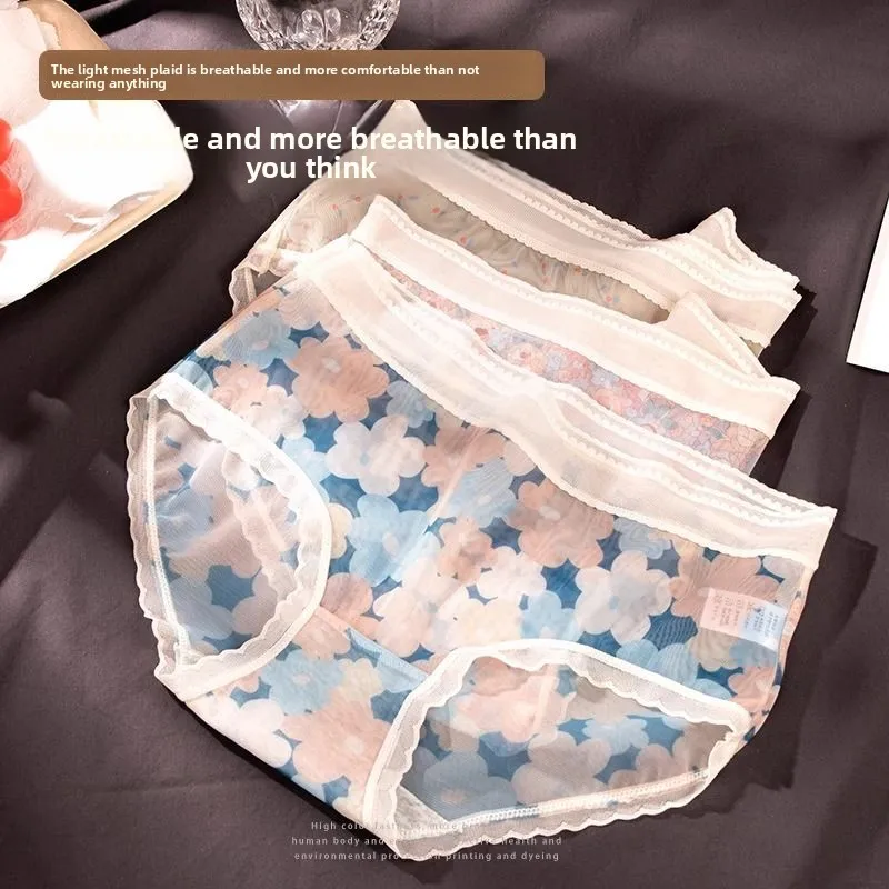 

Японские сетчатые трусики с цветочным принтом, женские летние тонкие дышащие кружевные трусы с бактериостатической промежностью, удобные трусы со средней талией для девочек