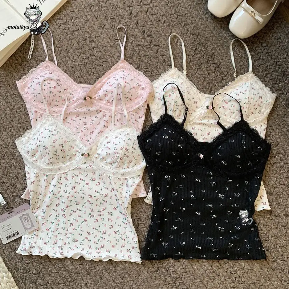 

Y2K Kawaii Women Top Floral Cami Straps Lace Trim V Neck Tank Top with Rose Aesthetic Cottagecore Slim Fit Camisole for Summer