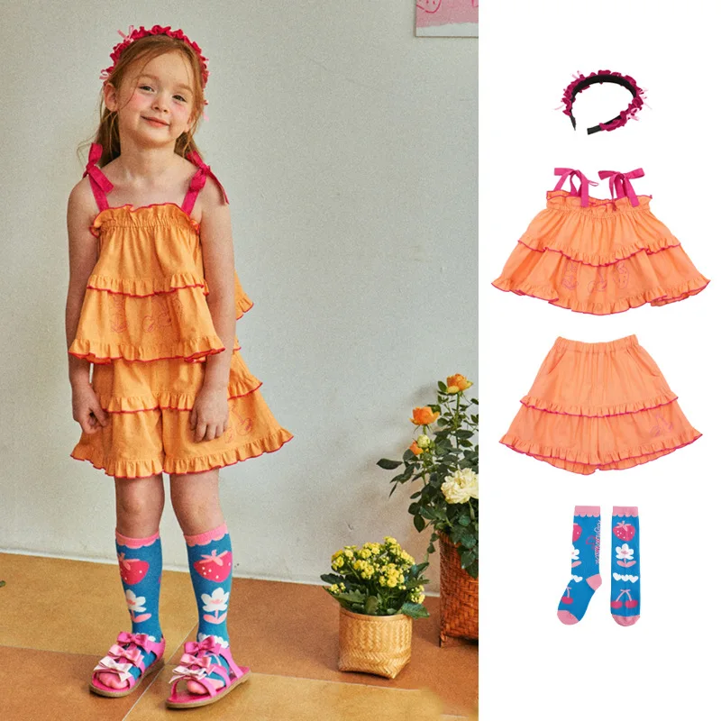 

Cute Princess Dress Orange Cherry Embroidered Sling Dress Pants Set