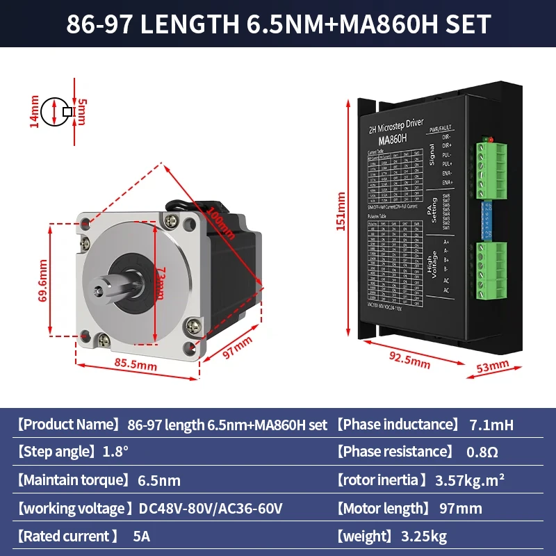 

86 Stepper motor set 86BYGH97 torque 6.5N.M length 97MM+MA860H driver 7.2A DC24-80V for 3D printers