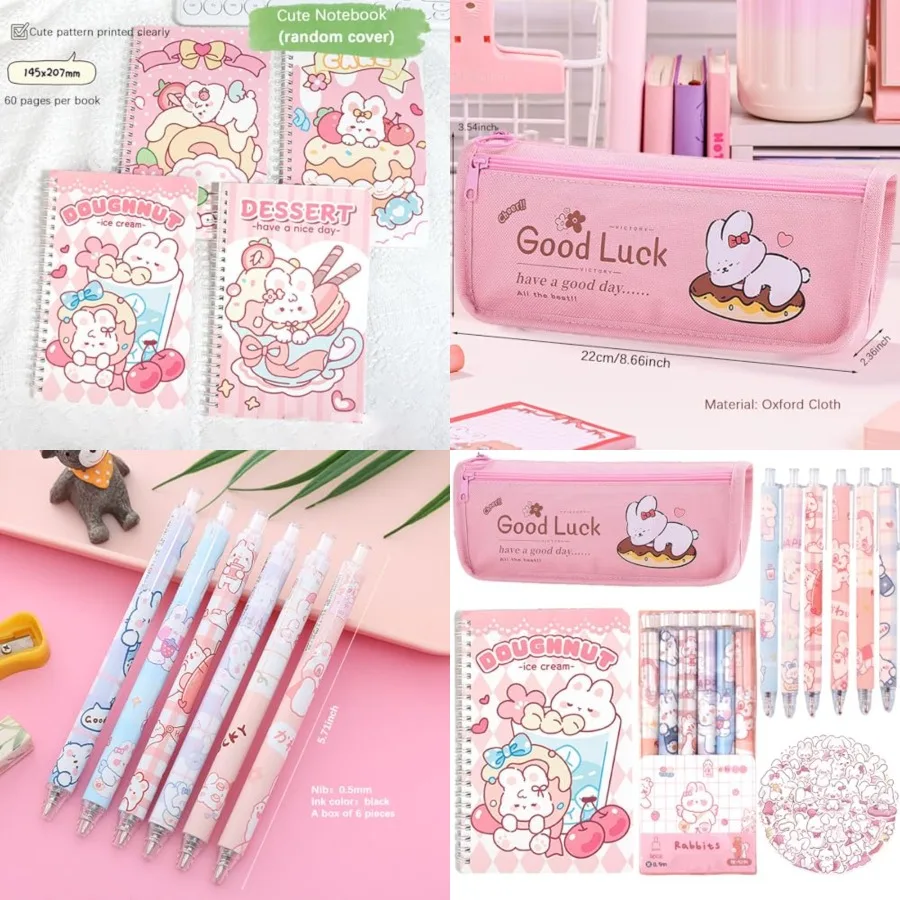 مجموعة أدوات مدرسية مكونة من 58 قطعة من أرنب لطيف مجموعة أدوات مكتبية كاواي للعودة إلى المدرسة تتضمن أقلام جل للكمبيوتر المحمول وملصقات مقلمة