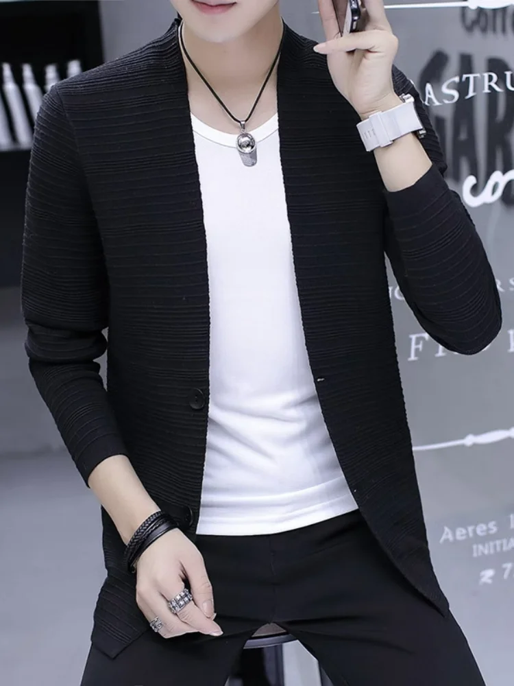 봄 가을 남성 니트 재킷 슬림핏 캐주얼 얇은 외투 브이넥 긴팔 패셔너블 탑 젊은 남성용
